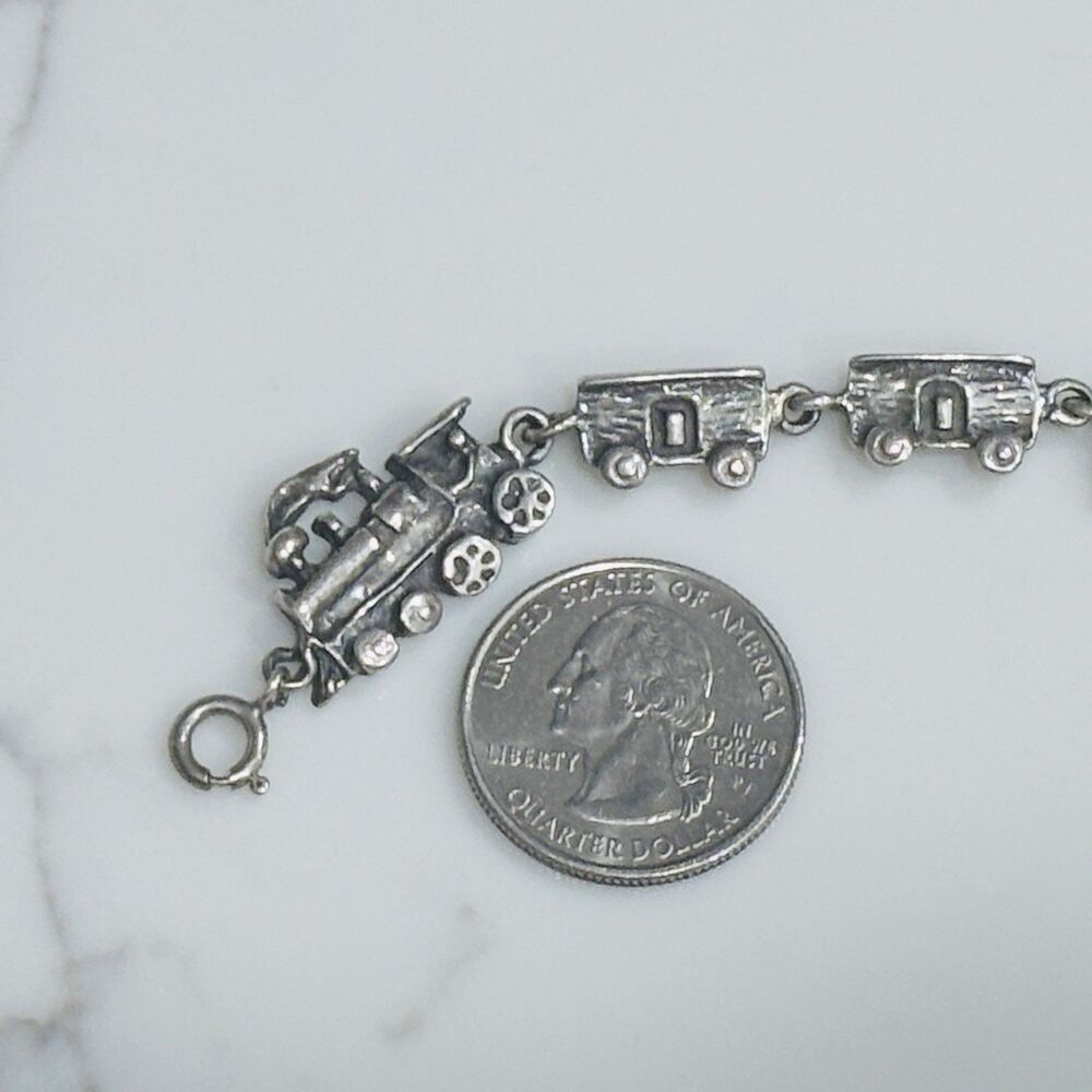 Vintage Sterling Silver Train Bracelet Railroad Locomotive 925 Mexico 7.5" - Picture 13 of 13